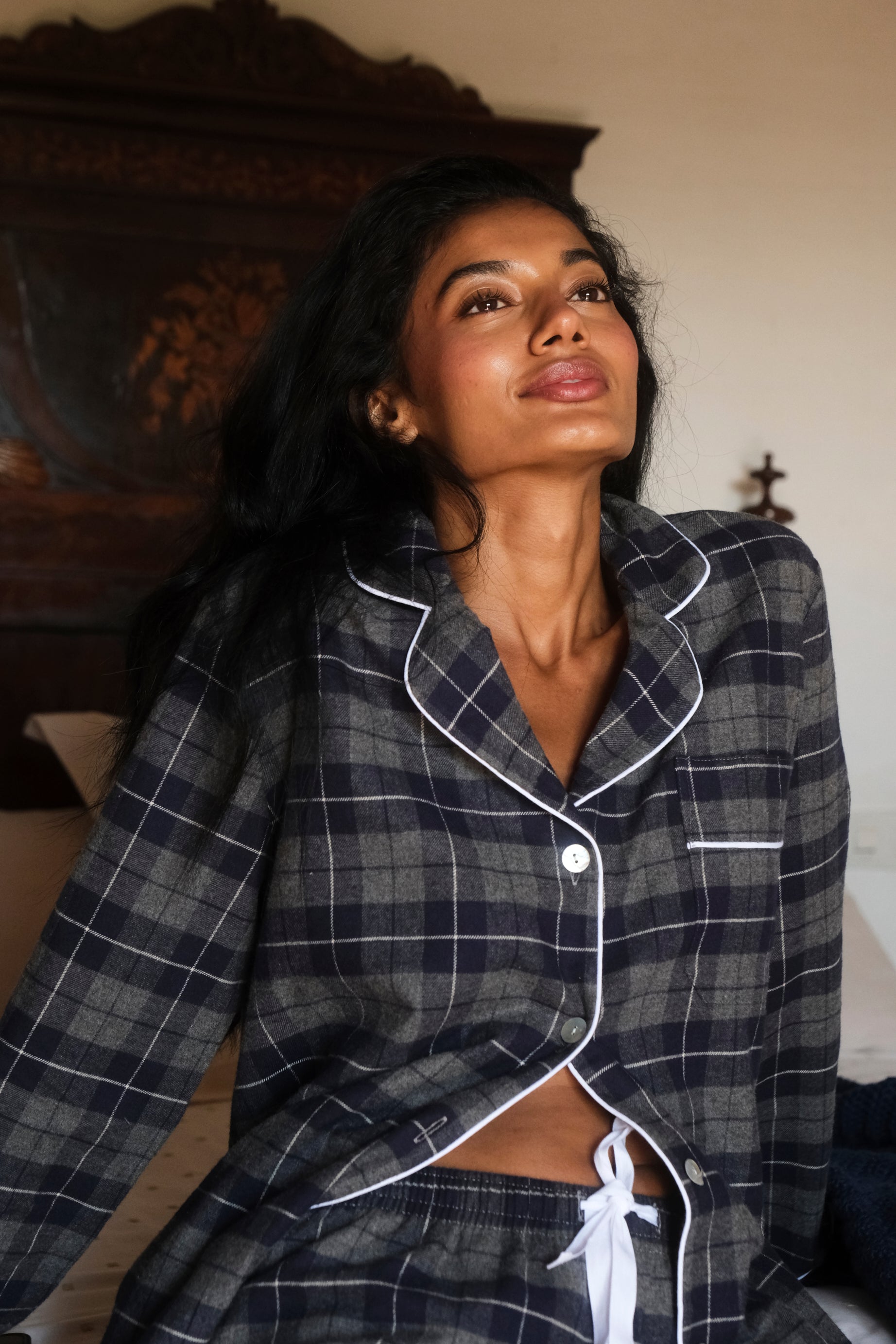 Pyjama à carreaux bleu marine pour femme