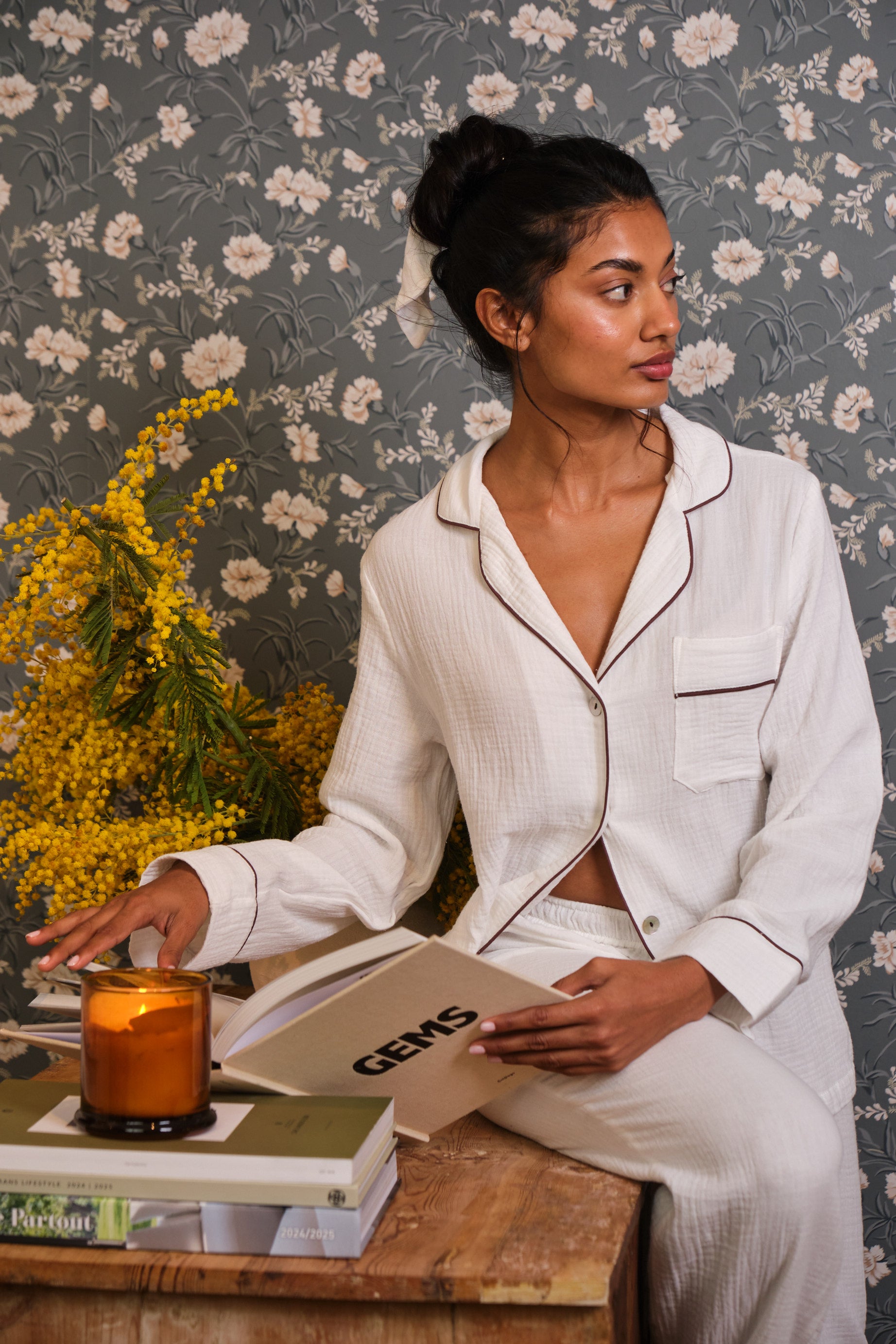 Long Bambula White Pyjamas with chocolate brown piping