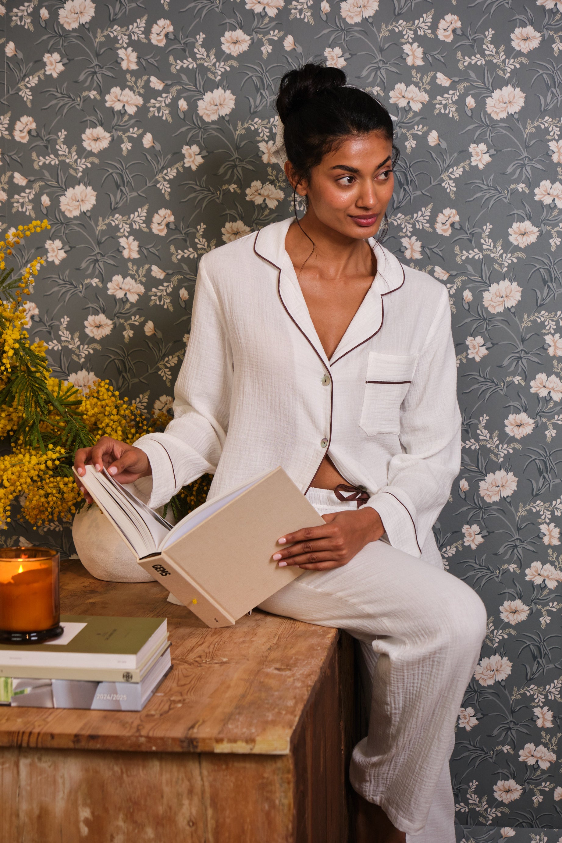 Long Bambula White Pyjamas with chocolate brown piping