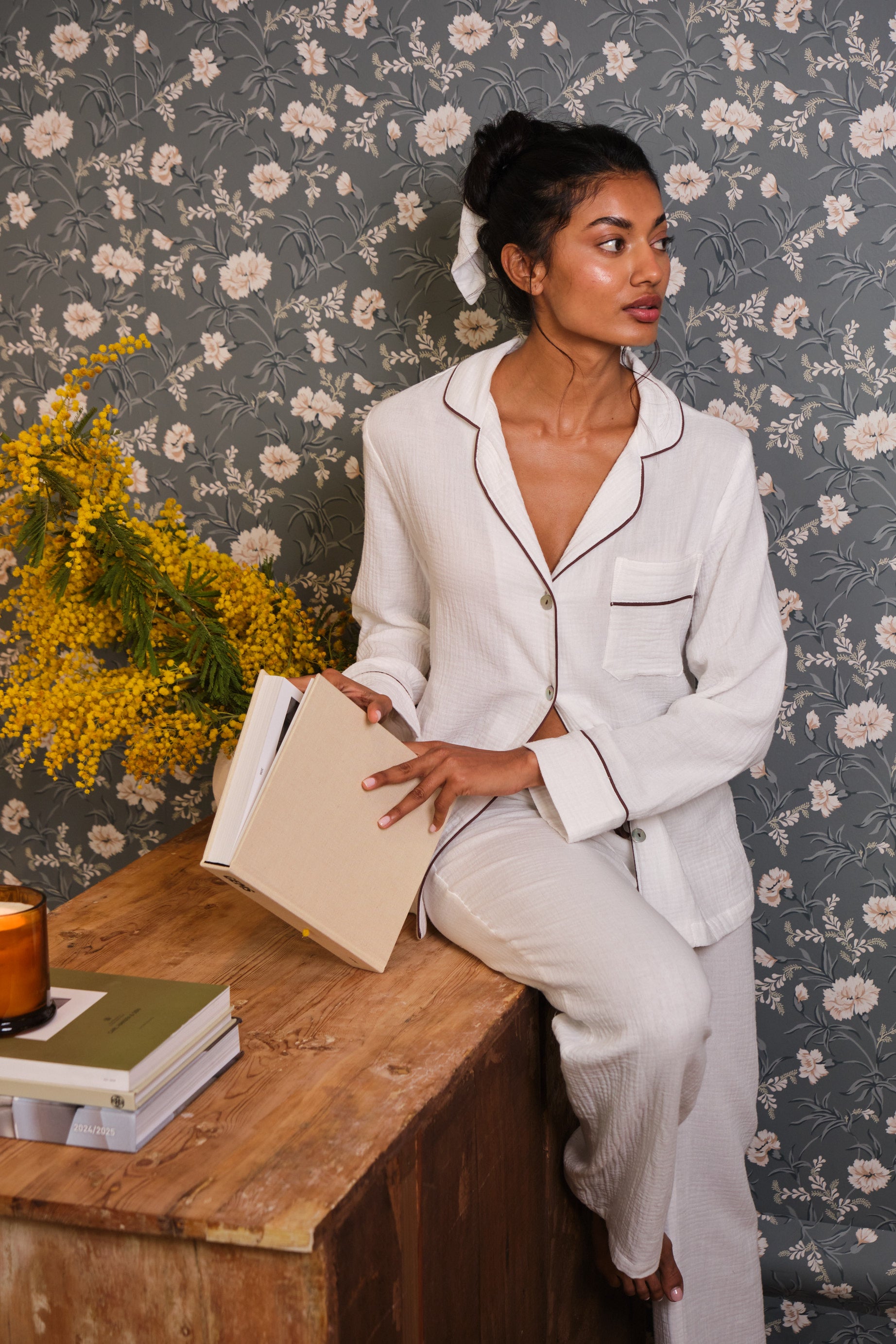 Long Bambula White Pyjamas with chocolate brown piping