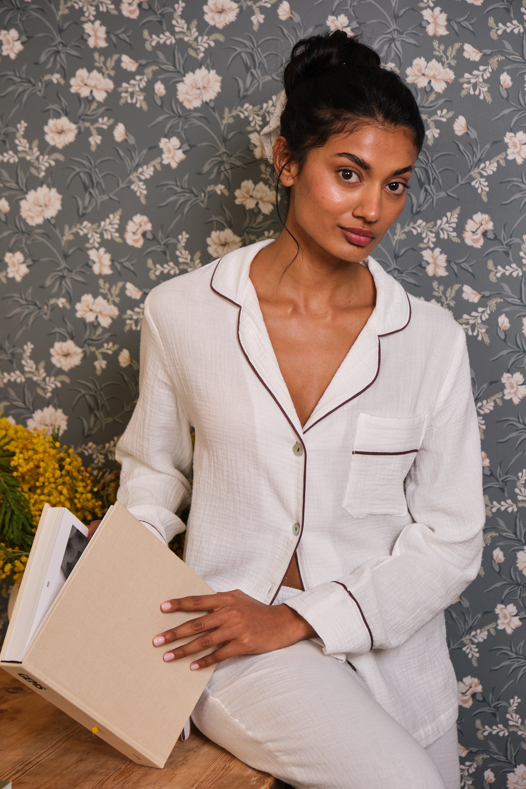 Long Bambula White Pyjamas with chocolate brown piping