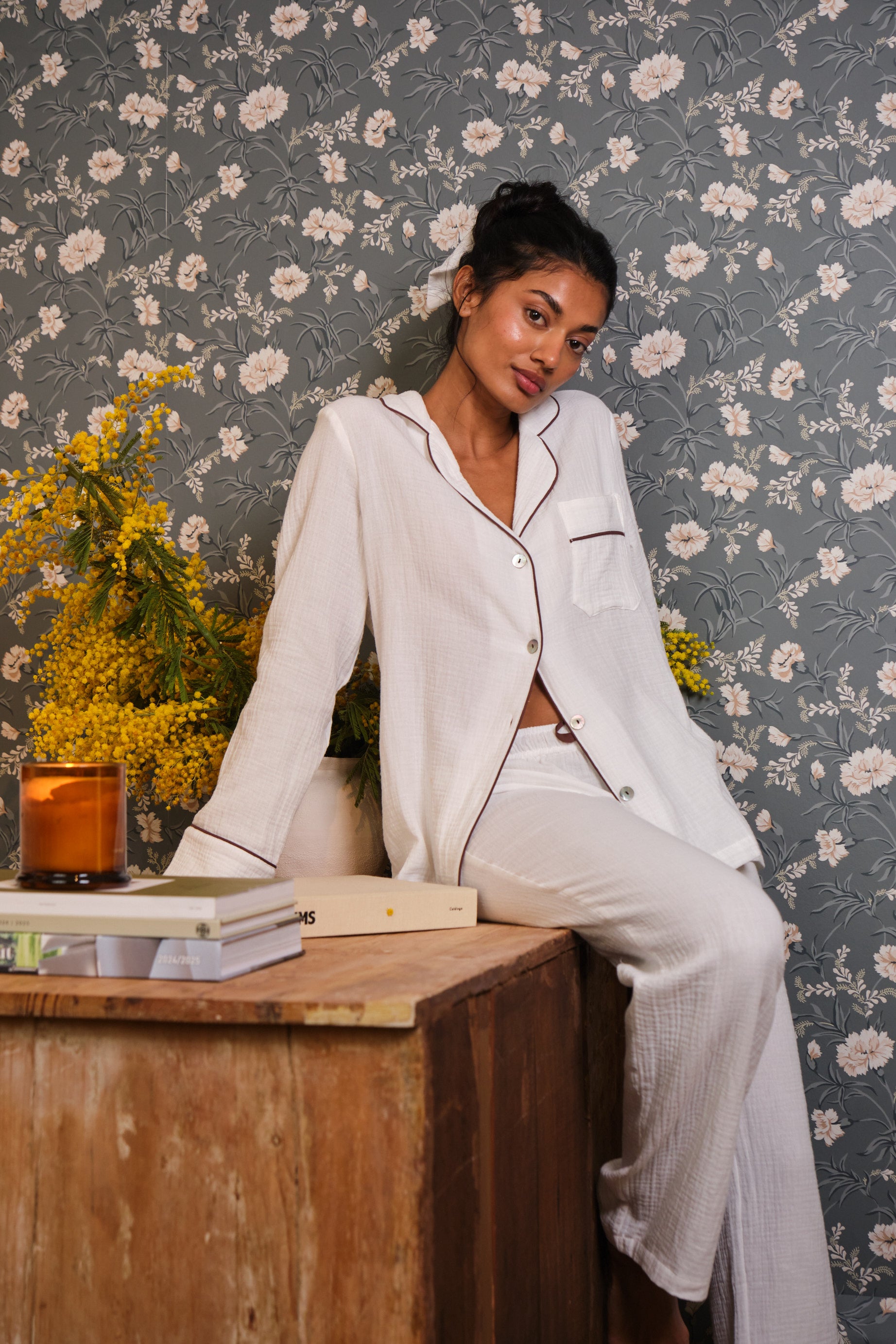 Long Bambula White Pyjamas with chocolate brown piping