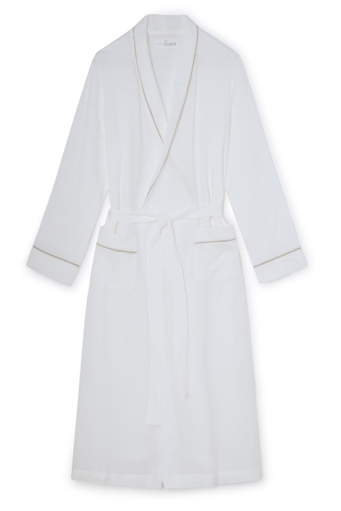 White Bambula dressing gown with tan piping