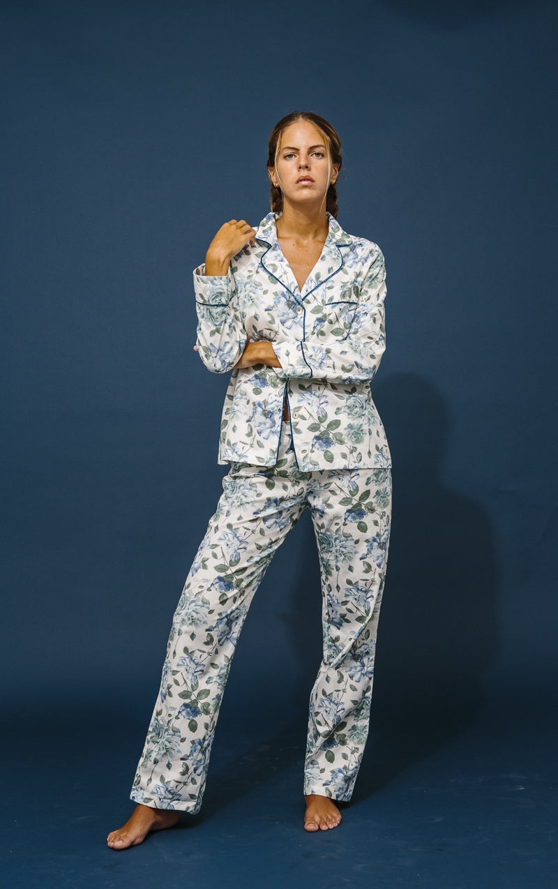 Pijama Largo Flores azul índigo