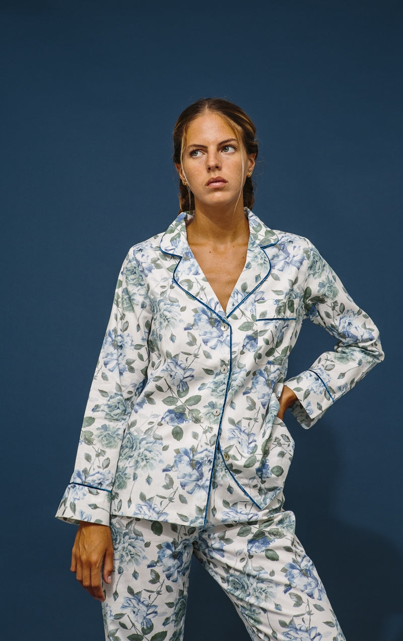 Pijama Largo Flores azul índigo