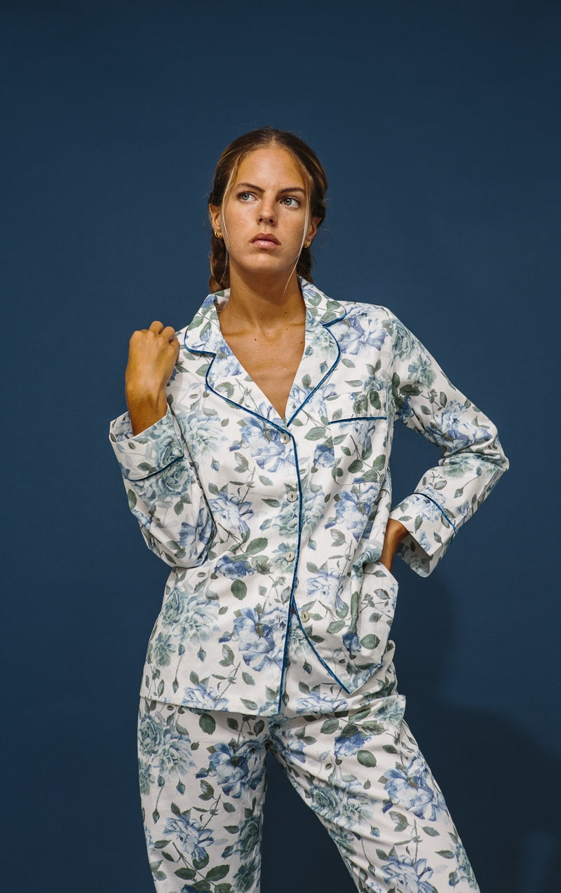Pijama Largo Flores azul índigo
