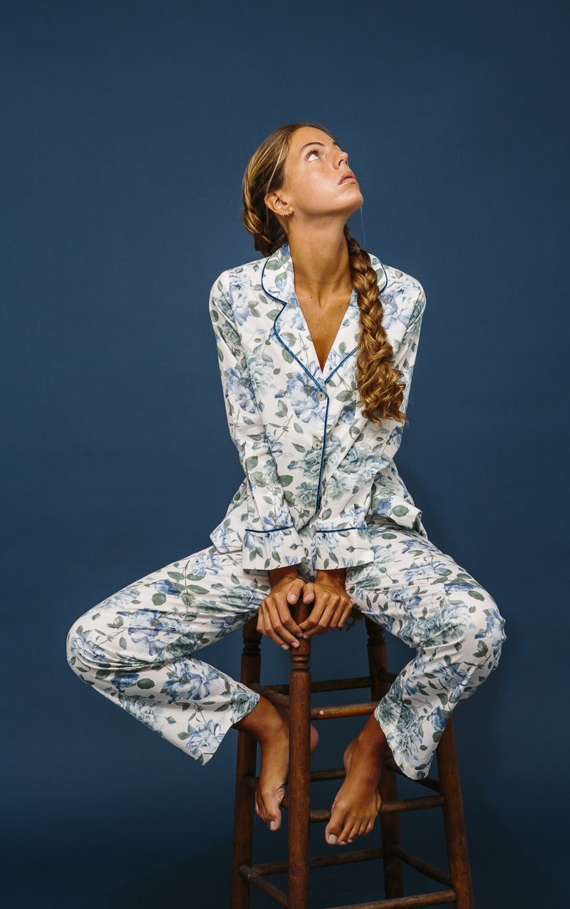 Pijama Largo Flores azul índigo