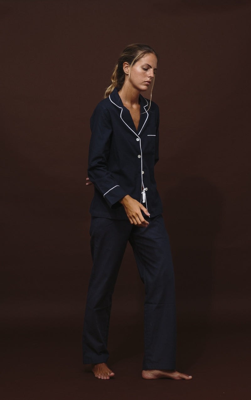 Long Navy Blue Pajamas with bright white velvet