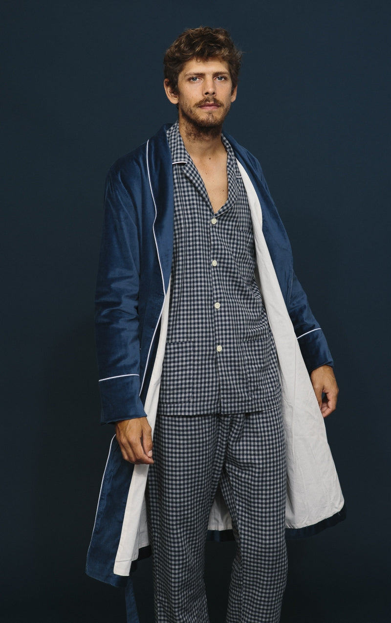 Pyjama Long à Carreaux Bleu Marine et Gris